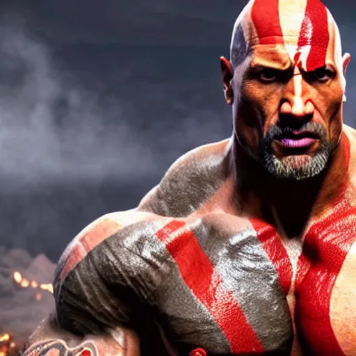 Prompt: dwayne the rock johnson in the God of War game