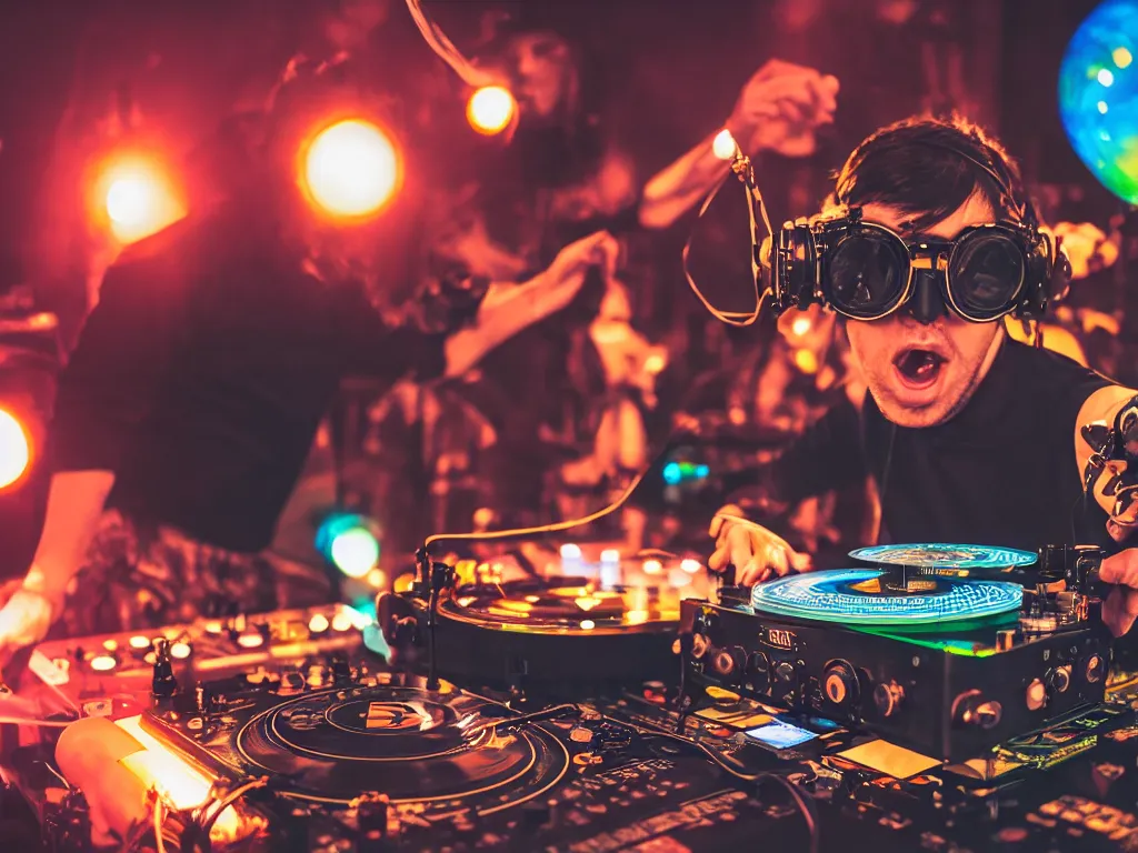 Prompt: a person wearing goggles and visor and headphones using a steampunk record player contraption, wires and tubes, turntablism dj scratching, intricate planetary gears, cinematic, imax, sharp focus, leds, bokeh, iridescent, black light, fog machine, hazy, lasers