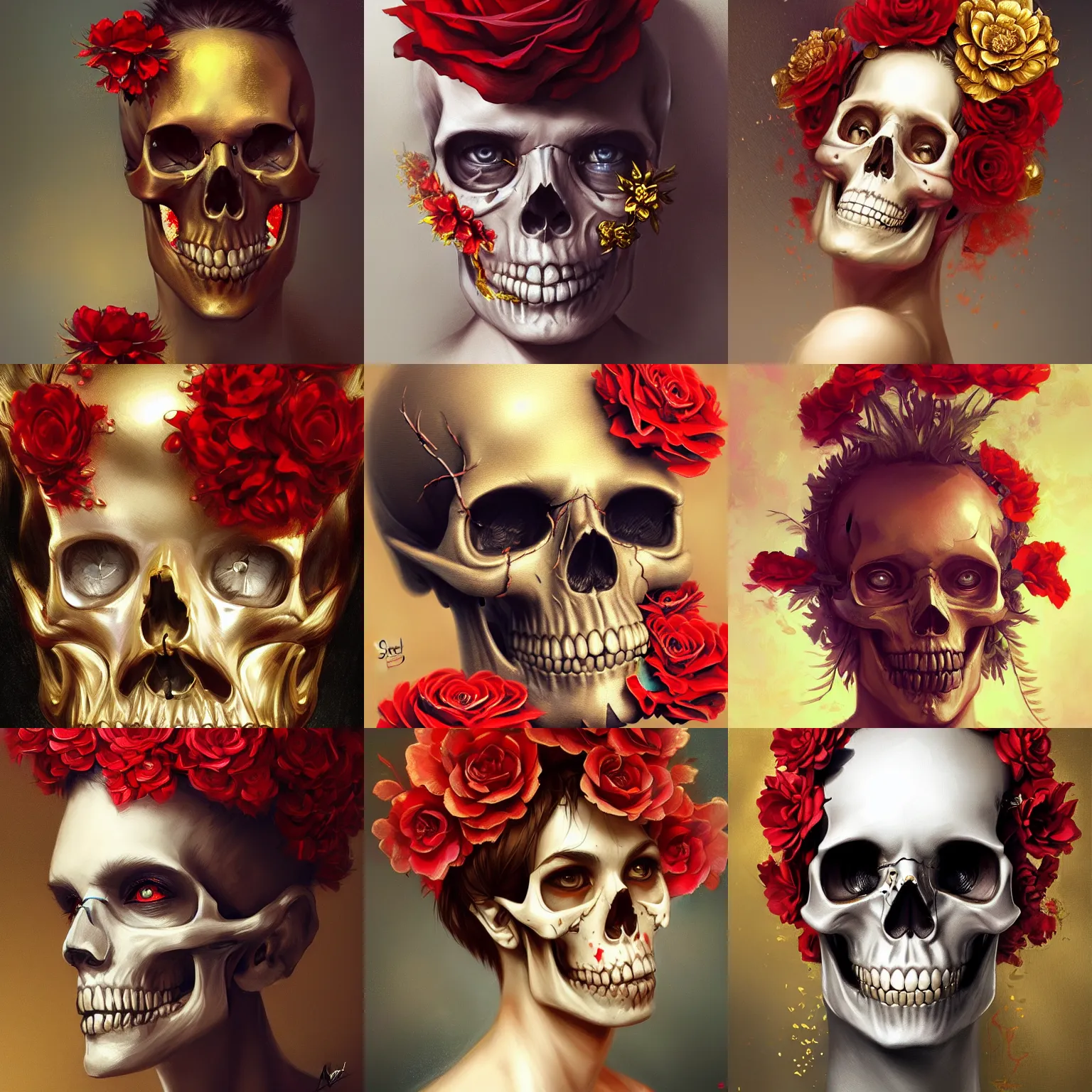 Prompt: A potrait of a skull head with gold and red flowers, digital painting, by Stanley Artgerm Lau, WLOP, Rossdraws, LeraPi, and Sakimichan, digital painting, trending on ArtStation, deviantart, SFW version