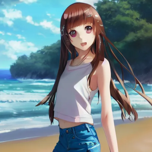 Prompt: a very beautiful anime girl, full body, long golden hair, sky blue eyes, full round face, short smile, short jeans, cute top, beach setting, cinematic lighting, medium shot, mid-shot, highly detailed, trending on Artstation, Unreal Engine 4k, cinematic wallpaper by Stanley Artgerm Lau, WLOP, Rossdraws, James Jean, Andrei Riabovitchev, Marc Simonetti, and Sakimichan