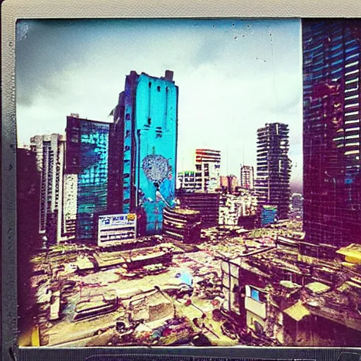 Prompt: a polaroid photo of cyberpunk guatemala city with cyberpunk aesthetic