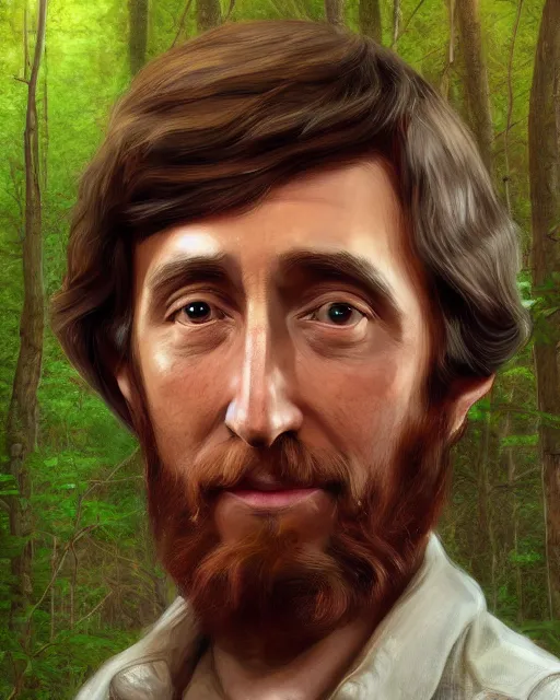 Prompt: henry thoreau in the woods portrait painting highly detailed procreate, 3d render senior artist, photorealistic, textured, featured on artstation