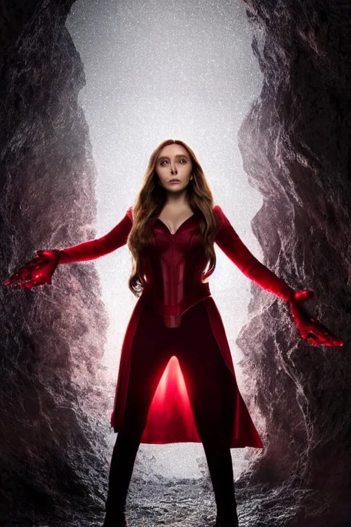 Image similar to movie still of elizabeth olsen as the scarlet witch, facing away from the camera, standing in the middle of a dark cave, holding red magic from her hands, illuminating the area, golden ratio!!!!!, centered, trending on artstation, 8 k quality, cgsociety contest winner, artstation hd, artstation hq, luminous lighting