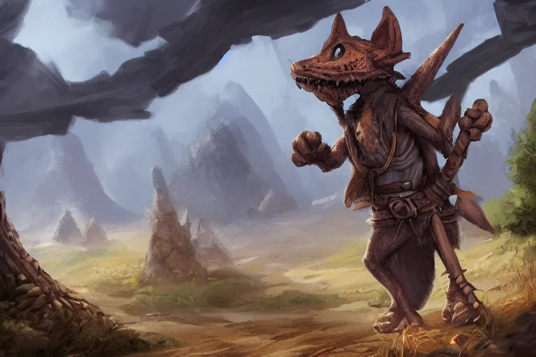 Image similar to a lone d & d kobold, traveling long dirt road, hobo stick over shoulder, fantasy setting, 4 k, super detailed, short draconic humanoid race, digital art