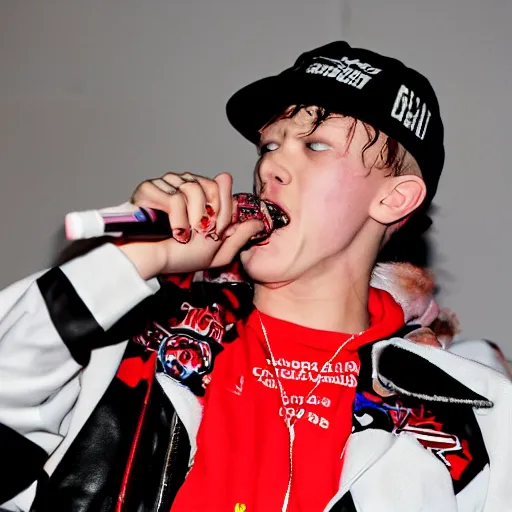 Image similar to bladee eating kfc chicken on stage at the drain gang concert