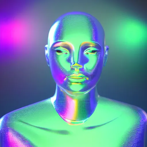 Image similar to 3d render of holographic human robotic head made of glossy iridescent, surrealistic 3d illustration of a human face non-binary, non binary model, 3d model human, cryengine, made of holographic texture, holographic material, holographic rainbow, concept of cyborg and artificial intelligence