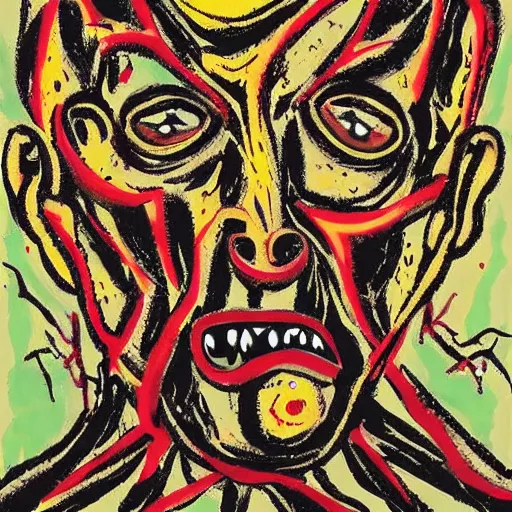 Image similar to A beautiful performance art of of a giant head. The head is bald and has a big nose. The eyes are wide open and have a crazy look. The mouth is open and has sharp teeth. The neck is long and thin. halloween by Jackson Pollock, by Shinji Aramaki experimental, minimalist