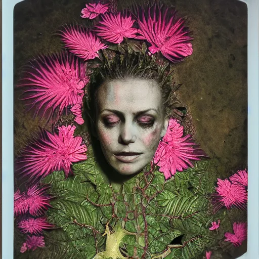 Image similar to a beautiful detailed front view portrait of a rotten woman corpse with fractal plants and fractal flowers growing around, volumetric light, beautiful lit, polaroid photography