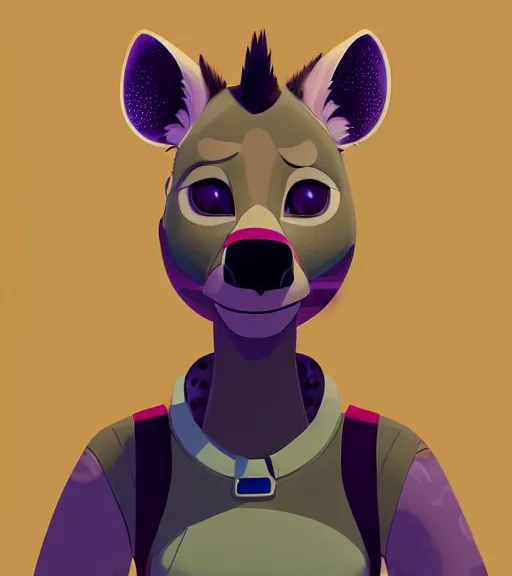 Image similar to digital detailed portrait of anthromorphic female hyena, in style of zootopia, fursona, furry, furaffinity, 4 k, deviantart, wearing astronaut outfit, in style of disney zootopia, floating in space, space background, in deep space, dark background, hyena fursona, cyberpunk, female, detailed face, style of artgerm,