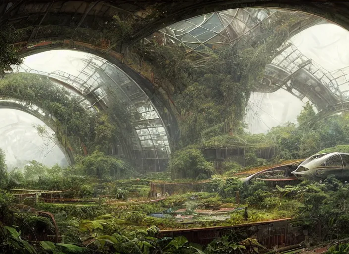 Image similar to highly detailed digital matte painting of a beautiful abandoned, overgrown, damaged biodome, by Raphael LaCoste and Ruan Jia and Robert McCall, postcyberpunk, geodesic dome, hyperdetailed, sunrise, wide shot, autochrome, octane render