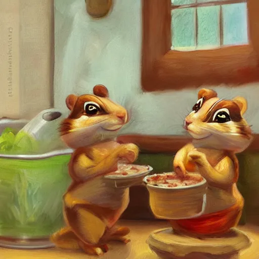 Image similar to ! dream chipmunks in a kitchen baking cookies, vintage kitchen, monet, painting, impressionism, chipmunk animal, baking cookies, colorful, accurate, artstation award, concept art