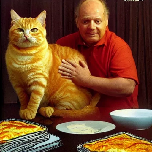 Prompt: fat orange tabby cat next to curly haired man and lasagna on table, by jim davis, garfield comic strip