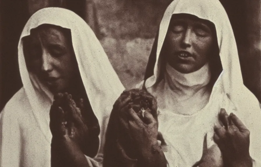 Prompt: mother mary crying blood tears, blue sky in background, 60mm grainy vintage photograph