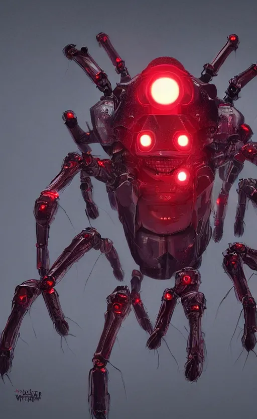 Image similar to a robot humanoid spider with 4 arms with claws, glowing red eyes, in a black carbon and red fiber armor, smiling creepily, dynamic lighting, photorealistic fantasy concept art, trending on art station, stunning visuals, creative, cinematic, ultra detailed