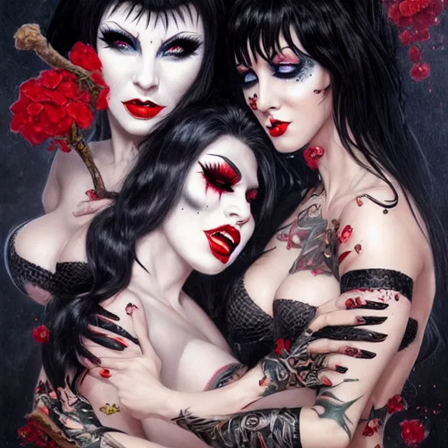 Image similar to two beautiful girls fighting in elvira cosplay with black hair in fully tattooed body and fishnet clothes fully on, beautiful detailed face, white face makeup, big red lips, black eye makeup, art by wlop and karol bak and gennady ulybin and stanley lau and artgem and magali villeneuve