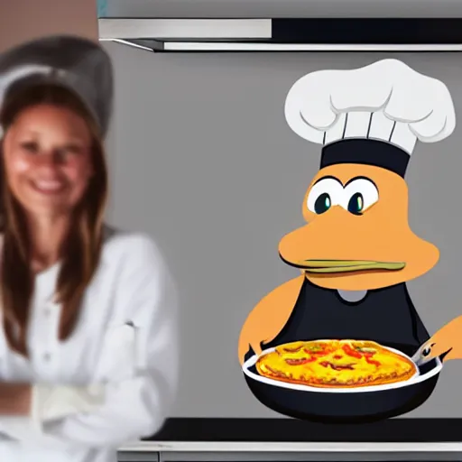 Image similar to cute platypus on a kitchen wearing a chef hat and holding a lasagna into an oven, minimalistic logo style