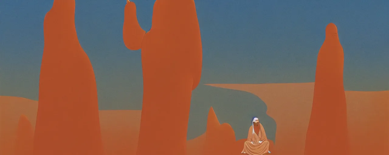 Prompt: deep golden sand desert, oasis, water lake, mirage, sand mists, red sandstone natural sculptures, desert flowers, subtle color variations, wind, a white robed benevolent magician clothed in a royal garment in contemplation meditating upon God, by Eyvind Earle and Mary Blair