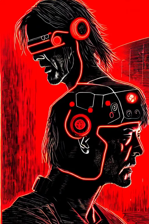 Prompt: Cyberpunk Keanu Reeves | Cyborg in Red surrounded by cables | 19th century wood-engraving , whole page illustration , art in the style of greg rutkowski and thomas kinkade and Larry Elmore