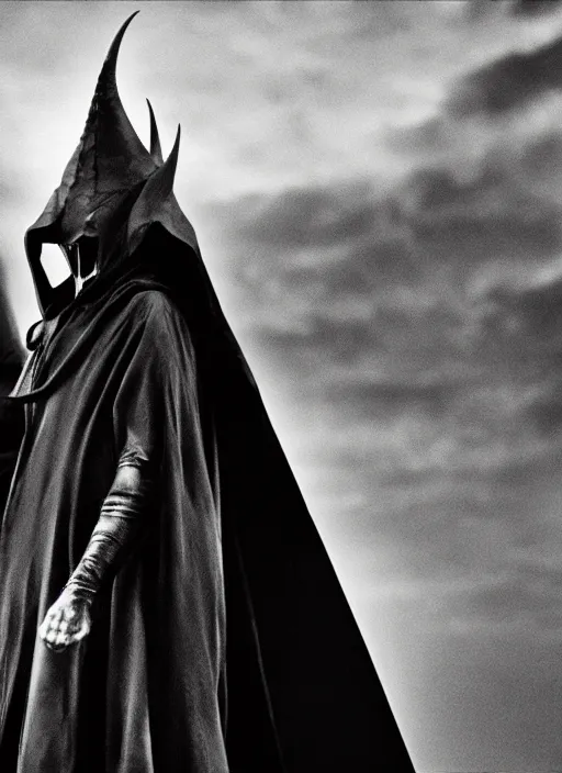 Image similar to the dark lord sauron, in the style of akira kurosawa, cinema, sharp focus, black and white, film grain, photographic