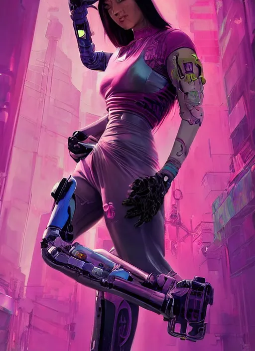 Image similar to beautiful cyberpunk female athlete in pink jumpsuit. lady with blades in arms. ad for cybernetic blade arms. cyberpunk poster by james gurney, azamat khairov, and alphonso mucha. artstationhq. gorgeous face. painting with vivid color, cell shading. ( rb 6 s, cyberpunk 2 0 7 7 )