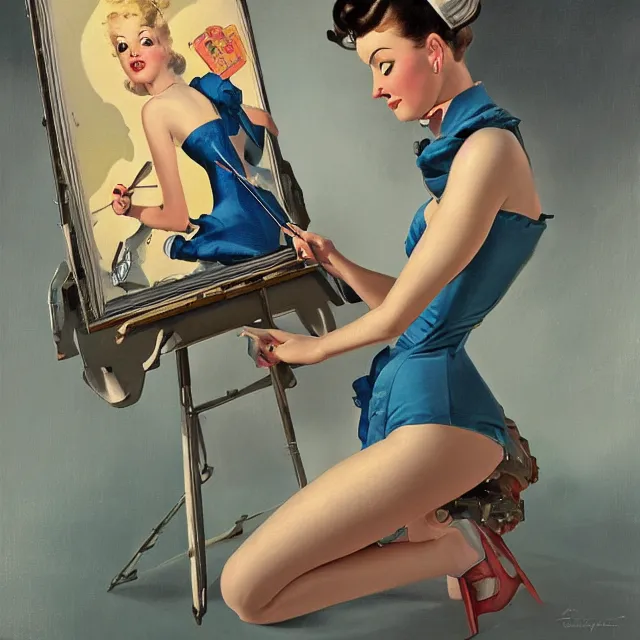 Image similar to robot artist painting a self - portrait on a canvas. intricate, highly detailed, digital matte painting in the style of gil elvgren and in the style of alexandria pyromallis. irony, recursion, inspiration.