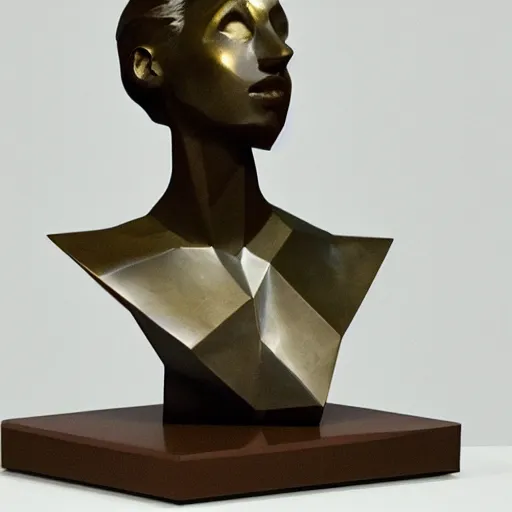 Image similar to a bronze sculpture of a woman standing low poly sharp angles museum lighting