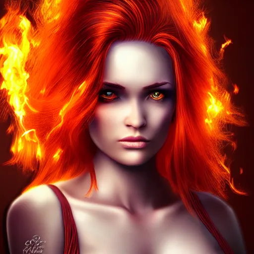 Prompt: a beautiful portrait of a gorgeous female pyromancer with flaming hair, digital art, photorealistic, intricate detail