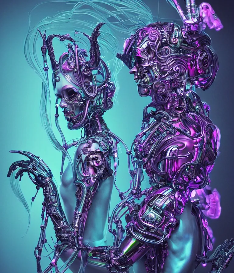 Image similar to fully symmetrical centered iridescent portrait of a beautiful princess demon in robe. skulls artificial muscles, ribcage, bones, hard surface modelling. cyberpunk look. biomechanical mask. bio luminescent biomechanical halo around head. neon jellyfish. artwork by jarold Sng by artgerm, by Eddie Mendoza, by Peter mohrbacher by tooth wu, unreal engine, octane render, cinematic light, high details, iridescent colors, dichroic, macro, depth of field, blur