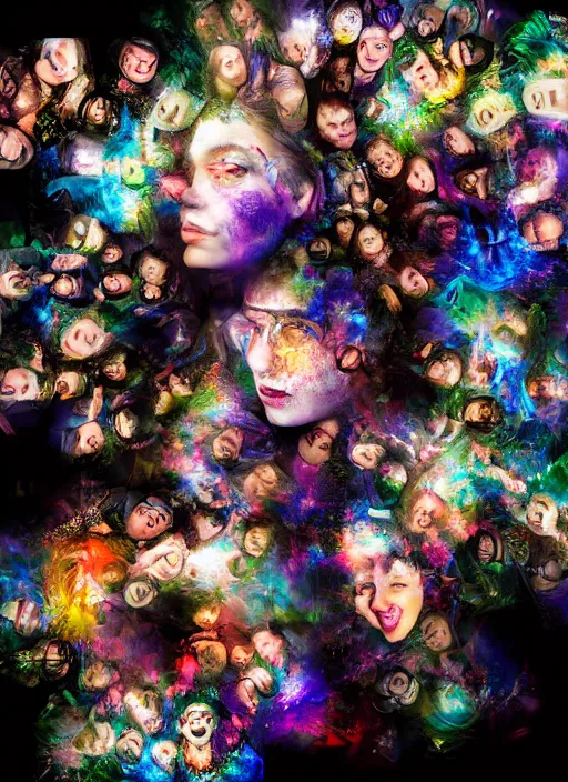 Image similar to group portraits, groups of happy humans creating detailed flow of beautiful digital images, text morphing into beautiful digital objects, highly detailed, super realistic, perfect lighting pixel sorting, style sheet