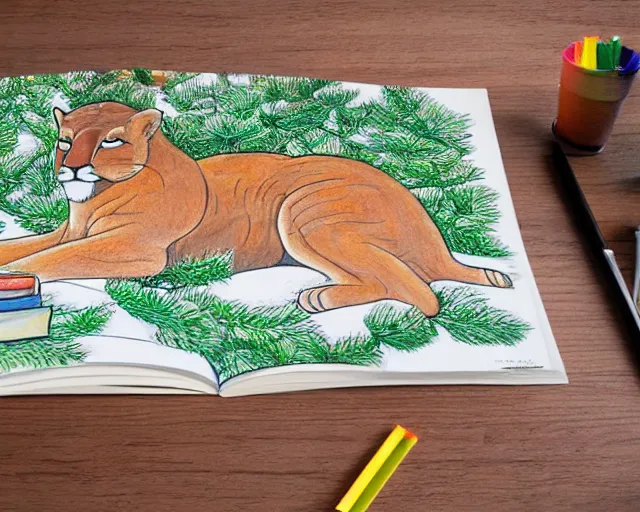 Image similar to unfinished colouring book showing 'a cougar sleeping in the middle of snowy pine tree' laying on coffee table, zoomed out shot, HD,