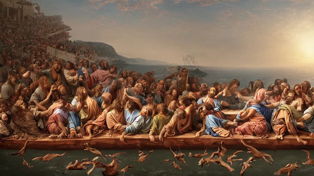 Image similar to a mix between the last supper, the raft of the medusa, sunny morning, matte painting, oil canvas, photorealistic illustration, extreme detail, hyper realistic, highly detailed, digital art