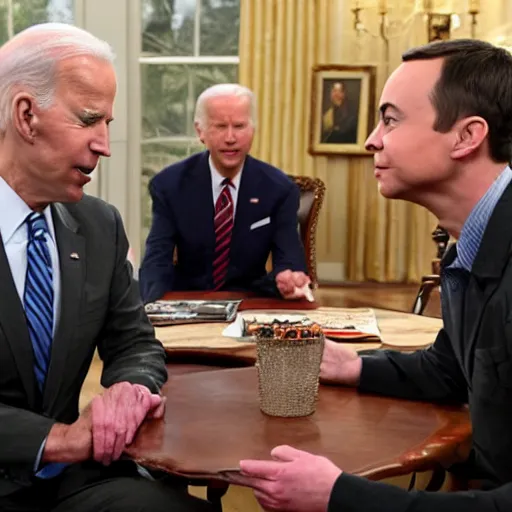 Image similar to sheldon cooper meeting joe biden eating communism