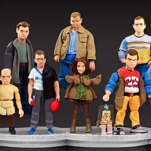 Image similar to Boy Meets World action figures, Mr. Feeny, Topanga, Shawn, Cory, detailed photo, dramatic lighting.