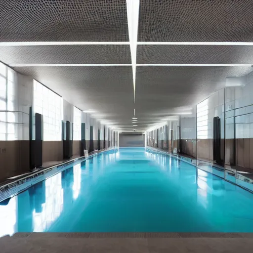 Image similar to the Poolrooms, an expansive complex of interconnected rooms and corridors slightly submerged in undulating, lukewarm water. Each area of the level varies greatly in size and structure, ranging from uniform pools and hallways to more open, abnormally-shaped areas. The walls, ceilings, and floors of the level all appear to be constructed from the same white ceramic tile, with the only deviation from this color being the blue-green hue of the water.