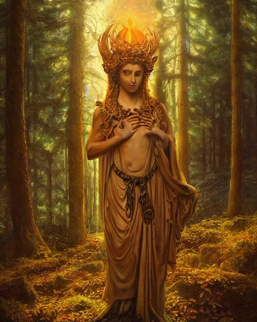 Image similar to Ancient statue of wise mushroom goddess wearing pagan clothes and leaves lost in the heart of the pristine cedar forest | dramatic light | cinematic lighting | sunshafts, volumetric lighting | golden hour | style of donato giancola