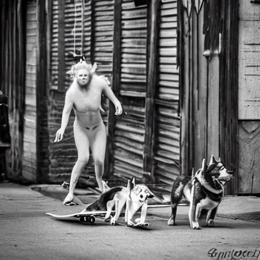 Prompt: ginger mermaid skateboarding skijoring pulled by Huskies and beagles on leash, street photography, gritty alley, sunn day, in candid camera style