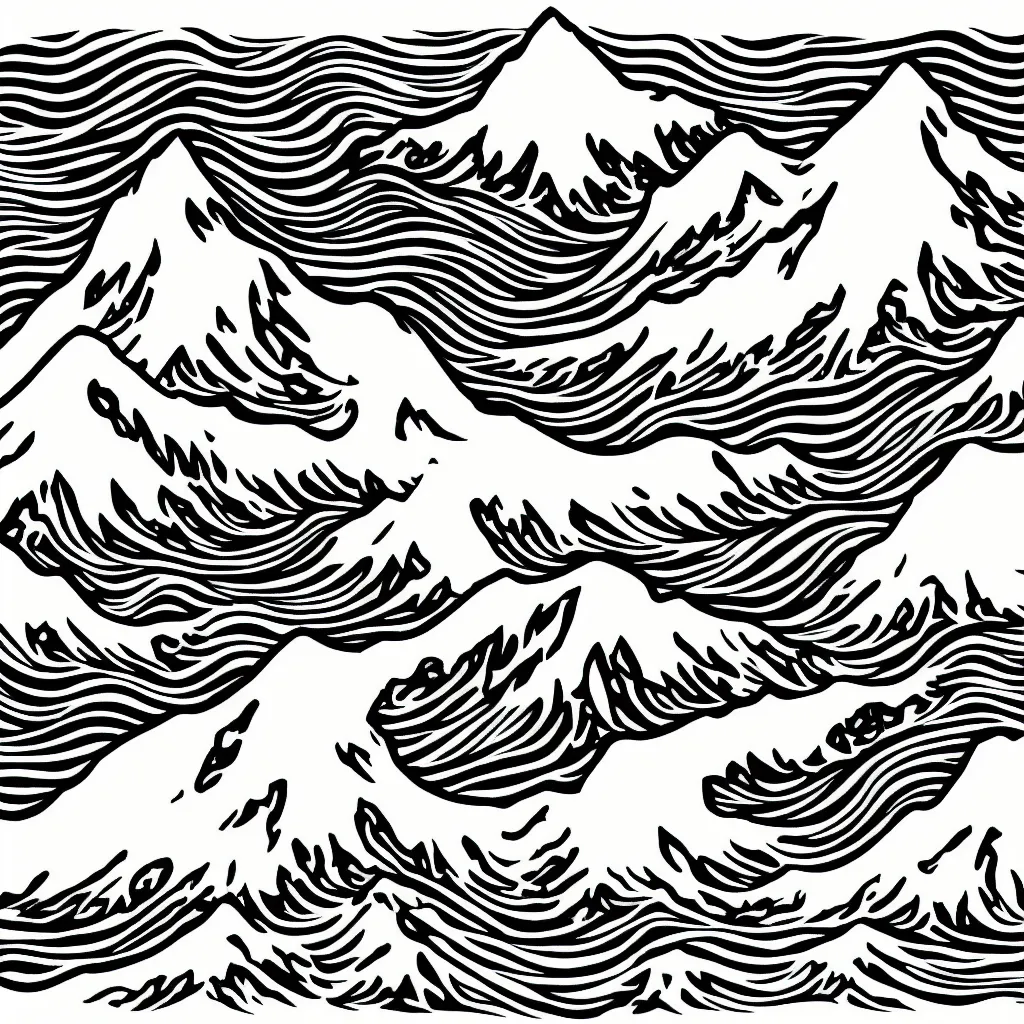 Image similar to mount everest and wave black and white lineart, hokusai style