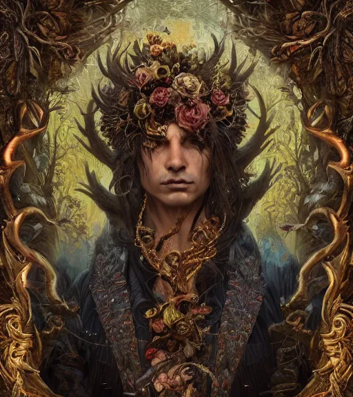 Image similar to portrait of the supreme king of the underworld, surrounded by skulls and overgrowth and dark flowers by karol bak, Tomasz Alen Kopera, James Jean, tom bagshaw, rococo, trending on artstation, cinematic lighting, hyper realism, octane render, 8k, hyper detailed.