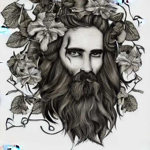 Prompt: huge male druid gray face pointy ears long beard with vines as hair hibiscus flowers detailed drawing