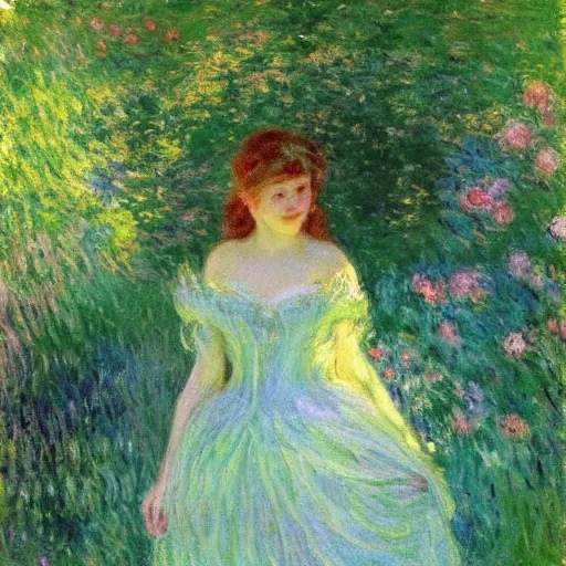 Prompt: demure and adorable forest nymph. she frolics around the enchanted glade, free of any worry or care. This is an award-winning painting. bright pastel colors. oil painting by Monet.