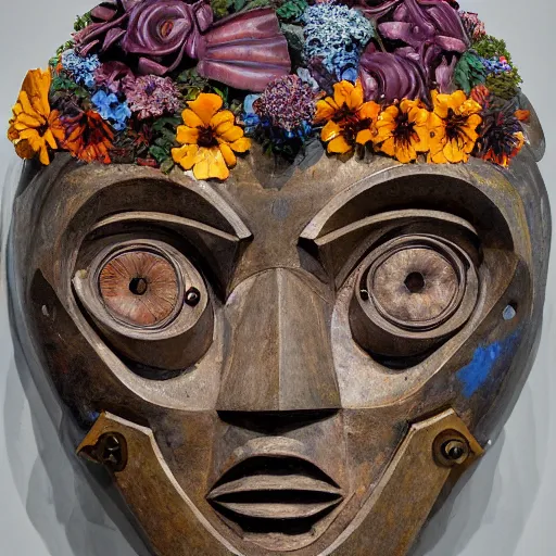 Image similar to a sculpture of a robot wearing a mask made of flowers, by annie swynnerton and diego rivera, symbolist, dramatic lighting, elaborate geometric ornament, art brut, soft cool colors, smooth, sharp focus, extremely detailed, adolf wolfli