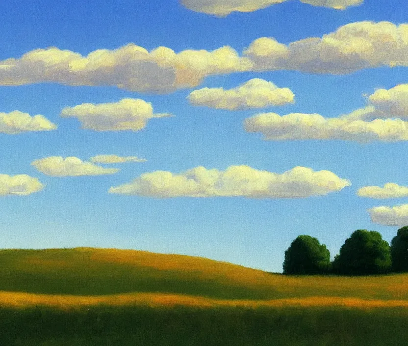 Image similar to a very detailed painting of one billboard on a meadow, billboard has written on it do aliens exist?, baby blue sky with very aesthetic stylized clouds, in the style of edward hopper, very small brushstrokes, 4 k,