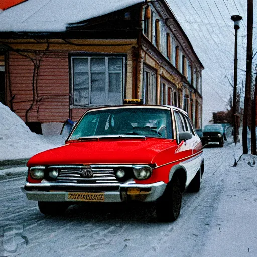 Image similar to close-up shot of car in russian small town, low angle, velvia film, cinestill,f 1,6, blur, by William Eaglstone