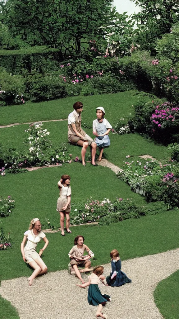 Prompt: The famous garden scene of the girls couple with kid in the Eric Rohmer movie: A green town for us to live in