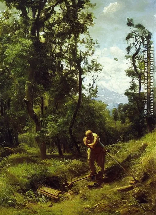 Image similar to artwork painting of a lush environment, a man is digging a grave, by eugene von guerard, ivan shishkin, john singer sargent