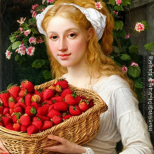 Prompt: A beautiful Blonde Woman with lushes Locks selling strawberries in the style of Sophie Anderson, Portrait