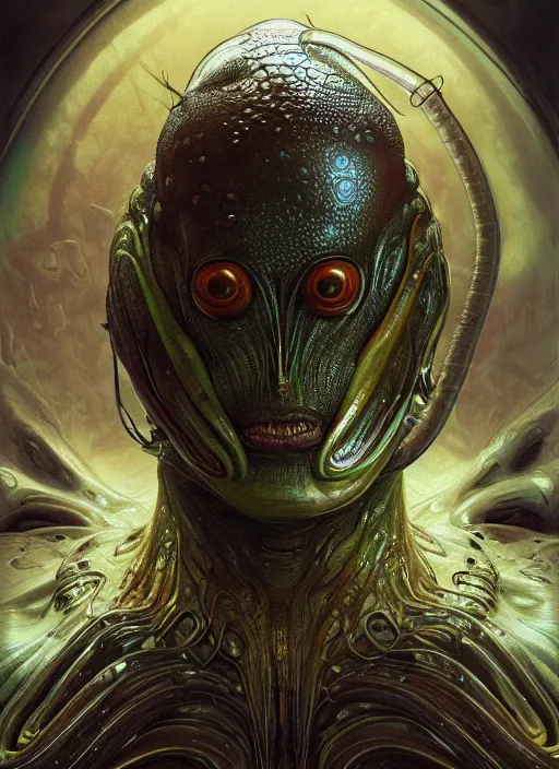 Image similar to elon musk as mollusk, slime, drool, portrait, intricate, elegant, highly detailed, digital painting, artstation, concept art, wallpaper, smooth, sharp focus, illustration, art by h. r. giger and artgerm and greg rutkowski and alphonse mucha