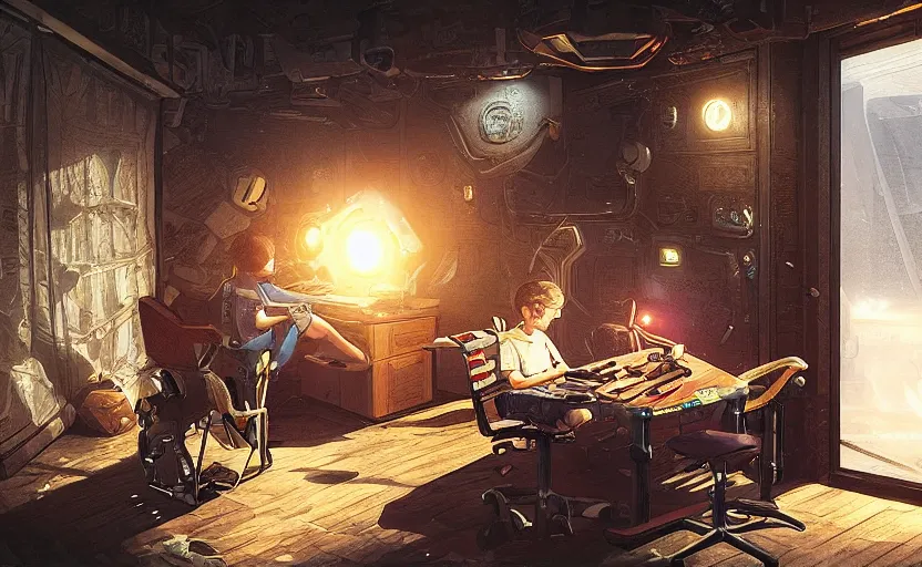 Prompt: boy playing game at his gaming room, 3 0 th century, close - up to the gaming setup, intricate details, led lights, sci - fi, indoor, spacious, art by filip hodas and artgerm