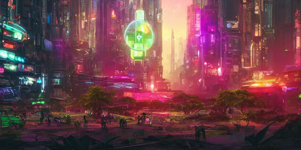 Prompt: a beautiful painting of a lush cyberpunk city with dinosaurs grazing in parks by ridley scott, vivid colours, cinematic lighting, fine details, 8 k | | digital artwork made by greg rutswork, anna dittmann and lois van barlee, symmetrical neon rim light, anatomically correct