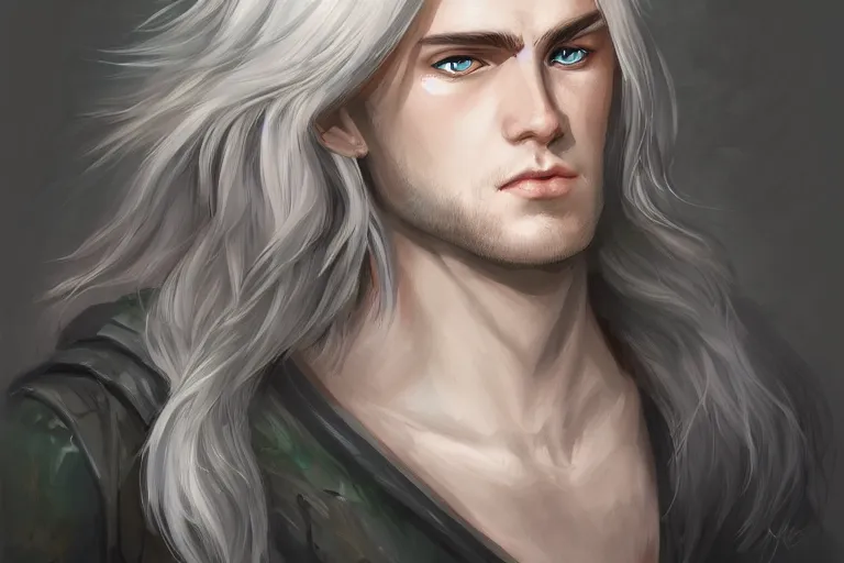 Prompt: young cute pretty boy with white long hair, d & d, fantasy, portrait, highly detailed, headshot, digital painting, trending on artstation, concept art, sharp focus, illustration,